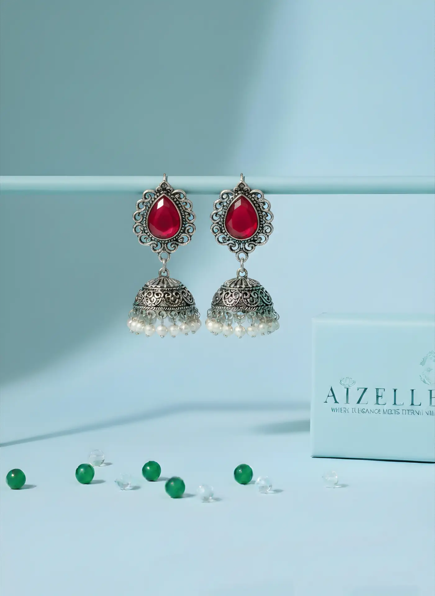 Rang-e-Bahar Ruby Silver Jhumka Earrings - Aizelle